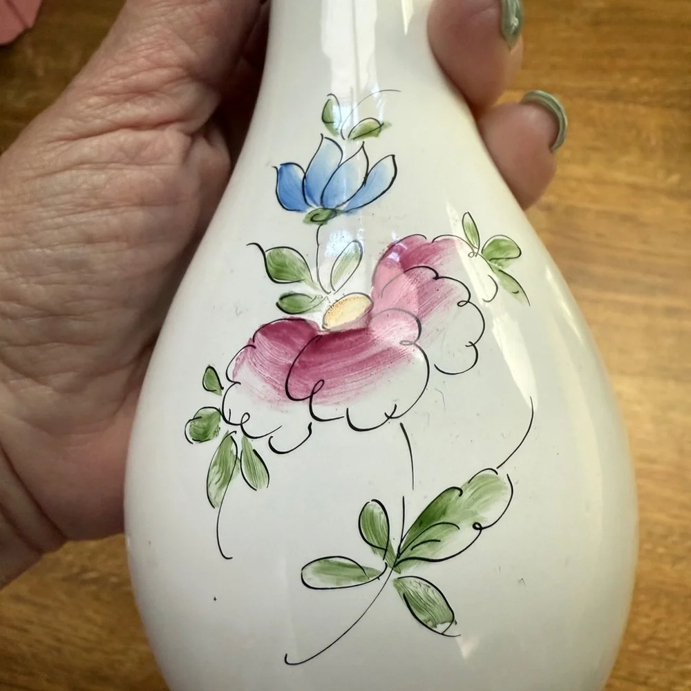 Signed Floral Ceramic Vase with Pink and Blue Accents